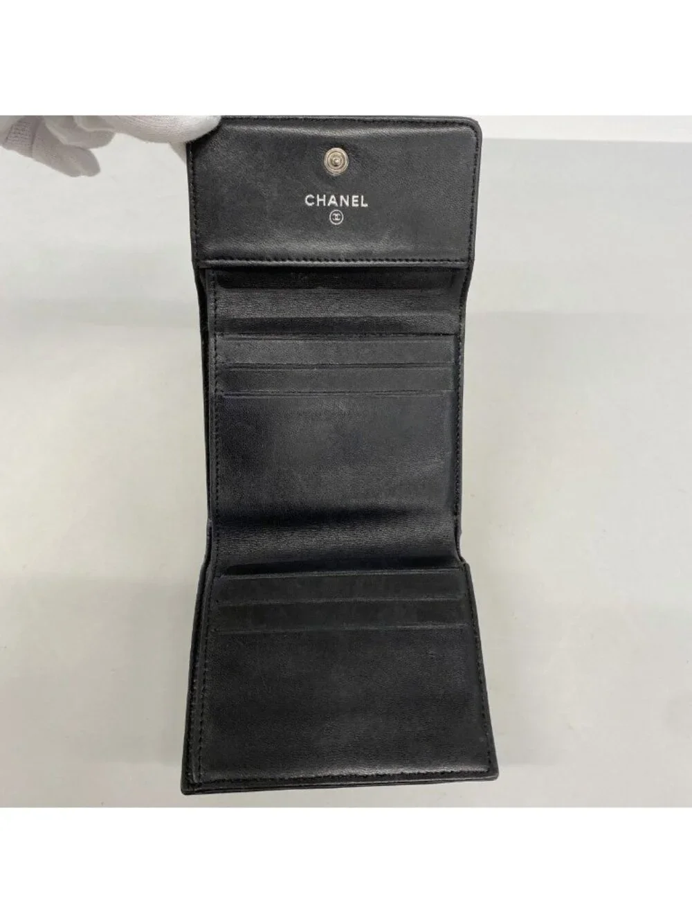Chanel Trifold Wallet Camellia Lambskin Black Silver